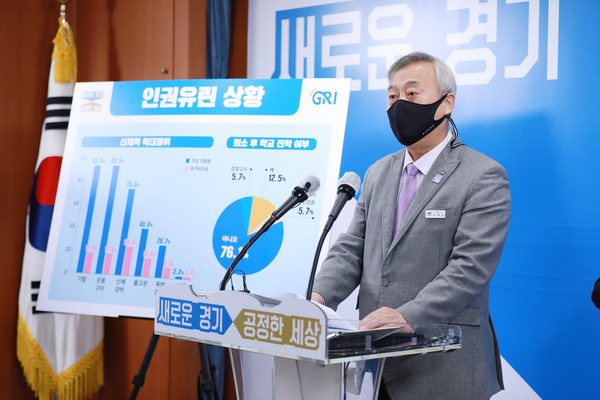 7일 오전 경기도청 브리핑룸에서 이재강 경기도 평화부지사가 선감학원 피해사례 조사분석 결과 브리핑을 진행하고 있다. [사진= 경기도]