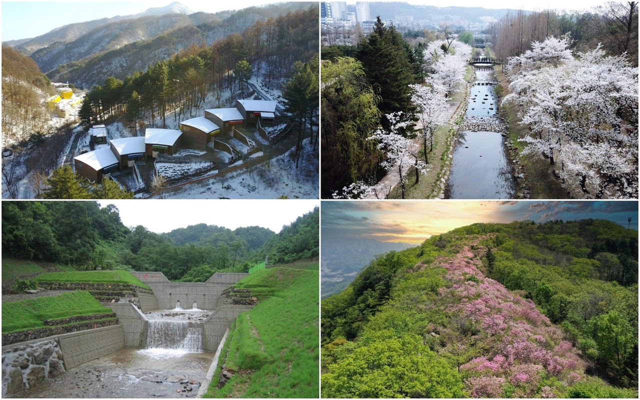 (왼쪽 위부터) 가평 강씨봉자연휴양림, 남양주 축령산자연휴양림(철쭉군락), 연천군 산사태 예방을 위한 사방댐 조성, 오산 물향기 수목원 [사진=경기도]