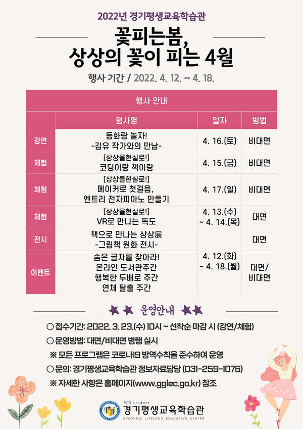 경기평생교육학습관 4월 독서 체험·강연 프로그램 목록 [이미지=경기도교육청]