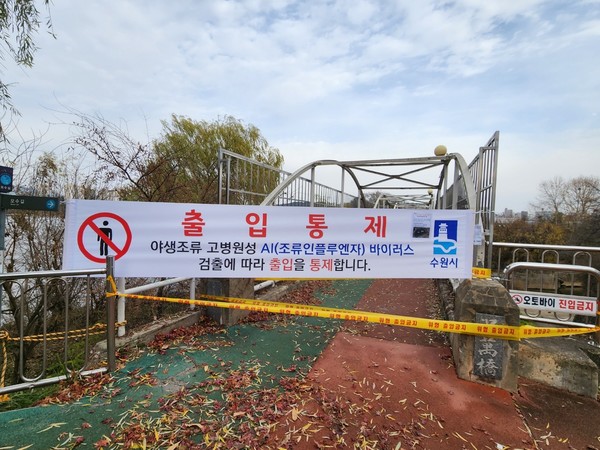축만제 산책로에 설치한 출입통제 안내 현수막.[사진=수원특례시]