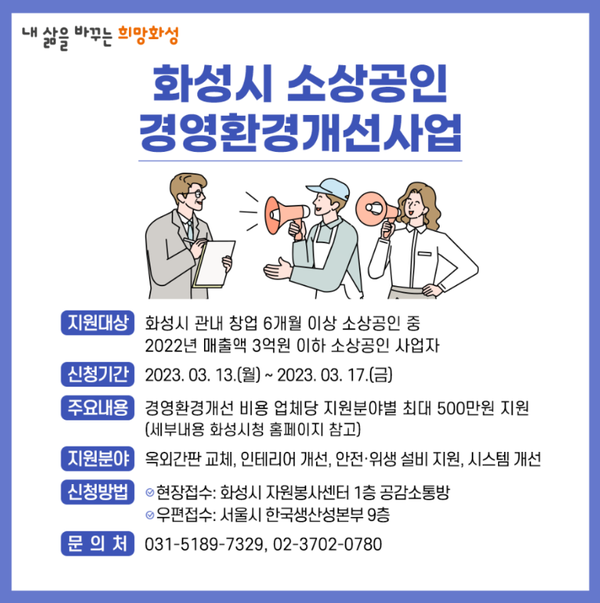 화성시, 13일부터 소상공인 경영환경개선 사업 모집 포스터[사진=화성시]