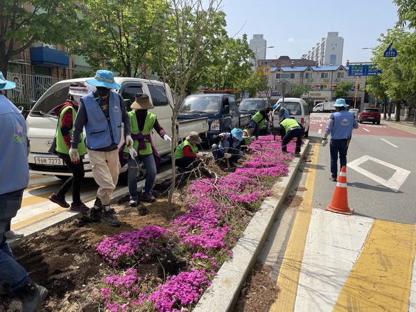 가로수 정원사 봉사단이 가로정원을 조성하고 있다.[사진=수원특례시]