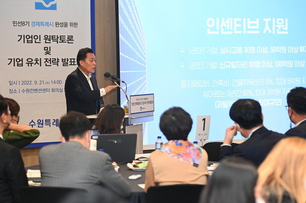 지난해 9월21일 수원시가 기업들을 대상으로 기업유치 전략 발표회를 개최한 가운데 이재준 수원특례시장이 유치 기업에 대한 인센티브 지원을 설명하고 있다.[사진=수원특례시]