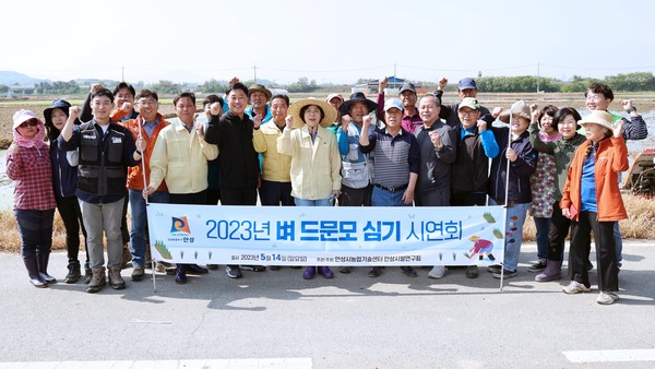 김보라 안성시장, 벼 드문모 심기 현장 방문 격려[사진=안성시]
