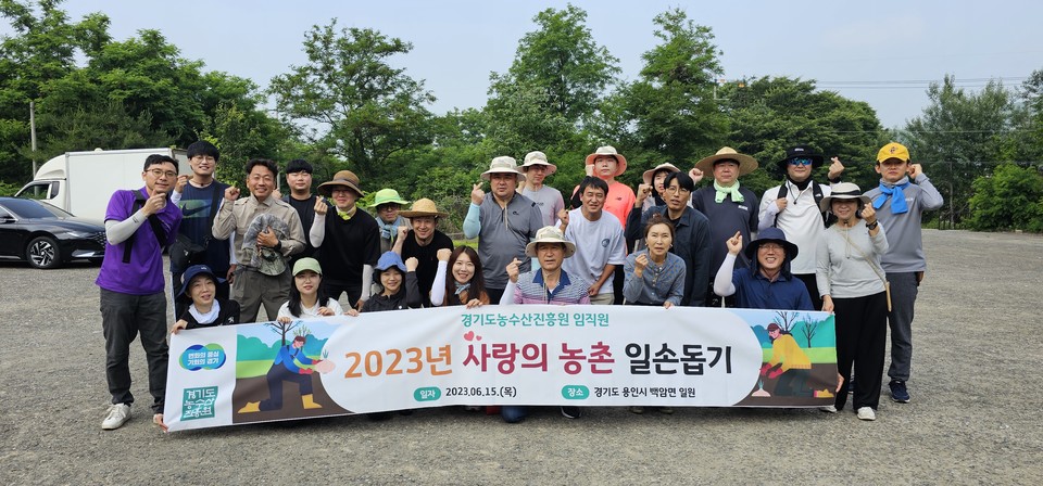 15일 경기도농수산진흥원 임직원 20여명은 용인시 백암면에 있는 농가를 찾아 일손돕기 봉사활동을 진행했다. [사진=경기도]