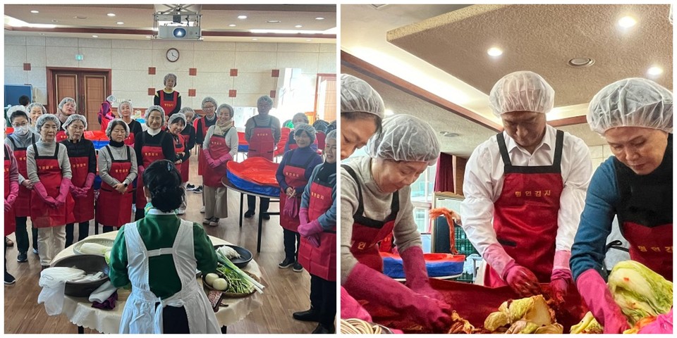최창수 경기도농수산진흥원 원장과 김장나눔 봉사 참여자들이 김치를 담그고 있다. [사진=경기도농수산진흥원]