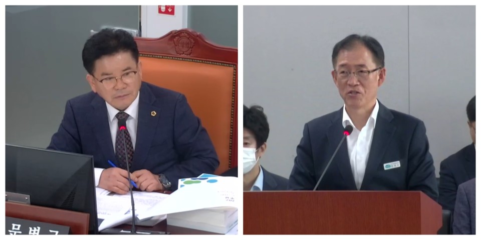 지난 12일 경기국제공항추진단 행정사무감사에서 문병근 경기도의회 건설교통위원회 부위원장(왼쪽)이 한현수 경기국제공항추진단장(오른쪽)에게 질의하고 있다