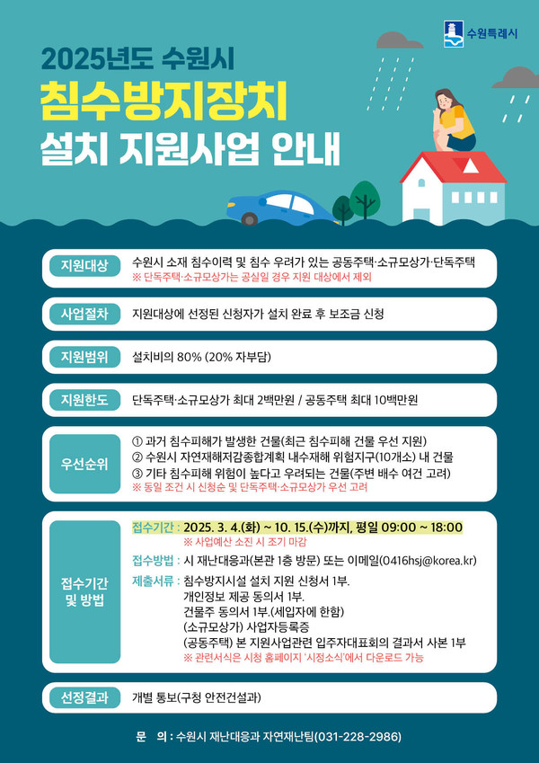 2025년도 침수방지장치 설치 지원사업 포스터 [이미지=수원시]