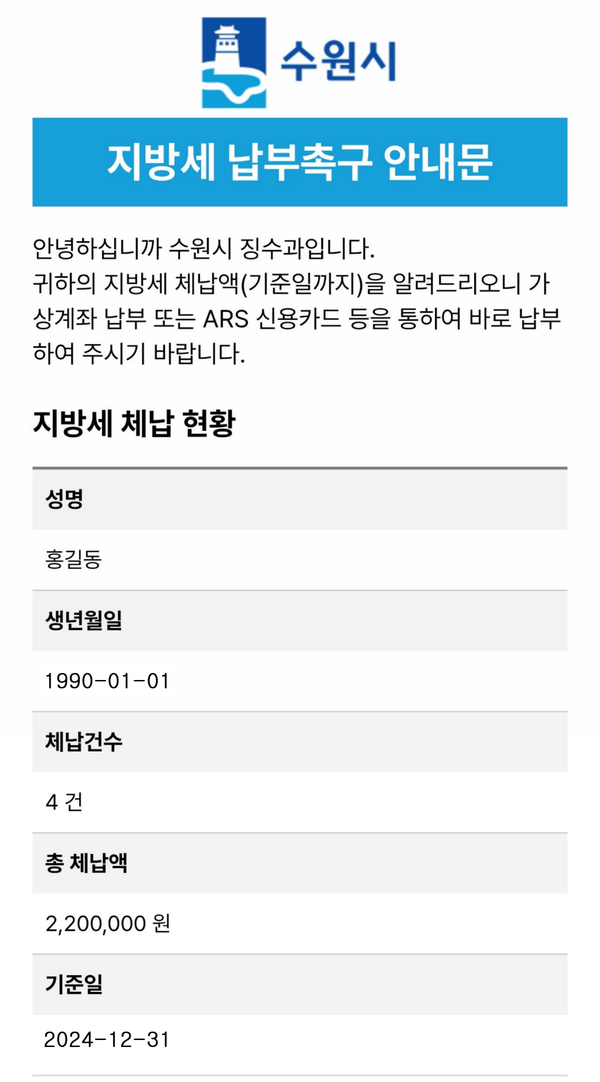 지방세 체납안내 전자고지 안 [이미지=수원시]