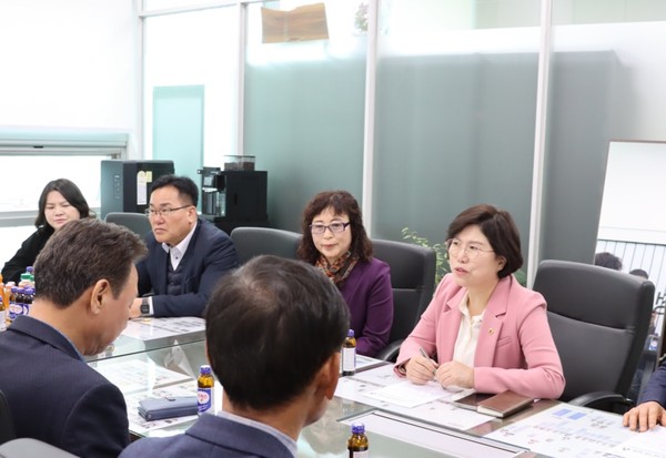 이애형 경기도의원(오른쪽)이 지난 7일 수원군공항이전 및 경기통합국제공항추진 시민협의회 회원들과 이야기를 나누고 있다.