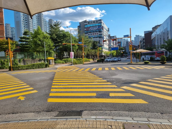 초등학교 앞 노란색 횡단보도