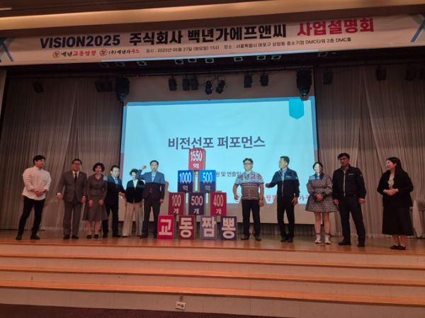 연매출 1,500억원 달성을 위한 비전선포 퍼포먼스하고 있다.