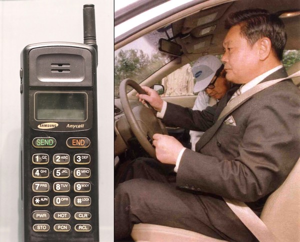 삼성 애니콜(왼쪽)과 지난 1997년 5월 12일 삼성자동차 부산공장을 방문한 故 이건희 회장. [사진=연합뉴스]